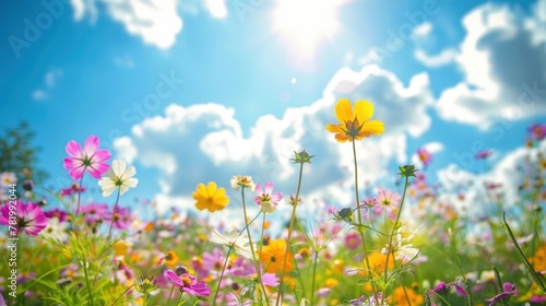 Portray the vibrant colors of summer with an image showcasing a field of blooming wildflowers against a bright blue sky © Borin