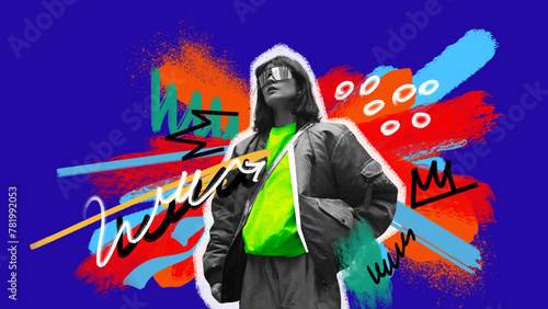 Young woman showing style in vibrant and colorful streetwear outfit on bright abstract background. Comfort and trendiness. Contemporary art collage. Concept of modern fashion, creative, youth, style