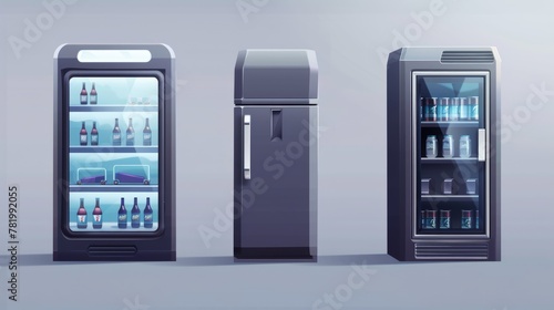 This realistic 3D modern modern cooler with shelves shows the front and corner view of a mini refrigerator for beverages with a transparent glass door in a supermarket or kitchen.