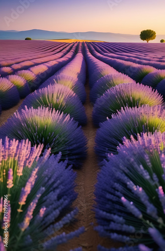Lavender field in Provence at sunset. Vertical frame. Wallpaper, screensaver, cover, background. 