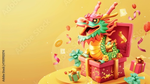 Dragon and gift box behind a radial yellow background with money and coupons for Chinese New Year.