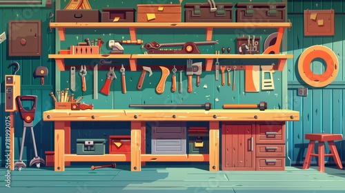 Various carpentry and repair tools in a garage. Empty workshop with mitre saw and toolbox on workbench. Screw driver, pliers, and hammer on wall board Cartoon modern illustration. photo