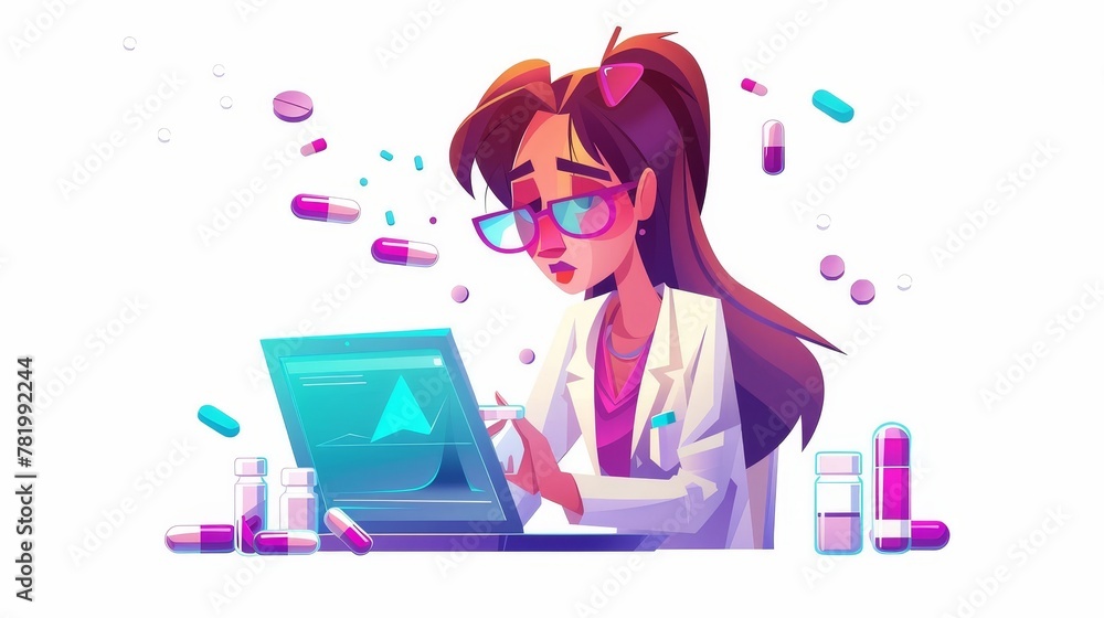 An online pharmacy banner with a doctor or pharmacist on a laptop screen, drugs, pills, and a buy button displayed in a modern style. The banner is in the style of a modern cartoon font. An online pharmacy banner with a doctor or pharmacist on a laptop screen, drugs, pills, and a buy button displayed in a modern style. The banner is in the style of a modern cartoon font.