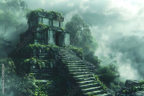 Mystic Mayan Ruins Enshrouded in Mist. Concept Ancient Architecture, Mystical Atmosphere, Foggy Landscape, Cultural Heritage, Spiritual Exploration photo