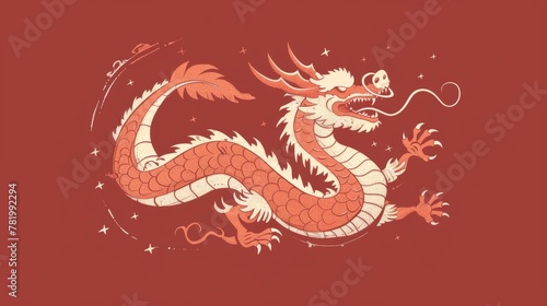 On a burgundy background, there is a hand sketched style lunar holiday dragon. © Антон Сальников