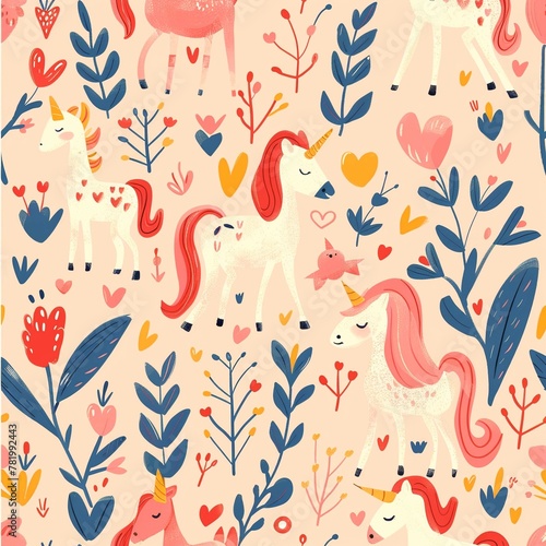 A cover design with cute pink pattern with unicorns, hearts and flowers