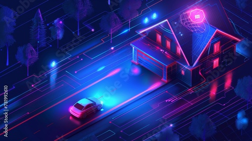 Banner for artificial intelligence. Concept of innovation technologies in life. Modern illustration of a network, circuit connection of chips with holographic brains, house, and car.