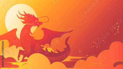 On an orange and red gradient background  there is an aesthetic dragon and cloud.