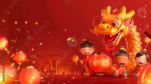 Dragons and children with lanterns celebrating Chinese New Year against a red background.