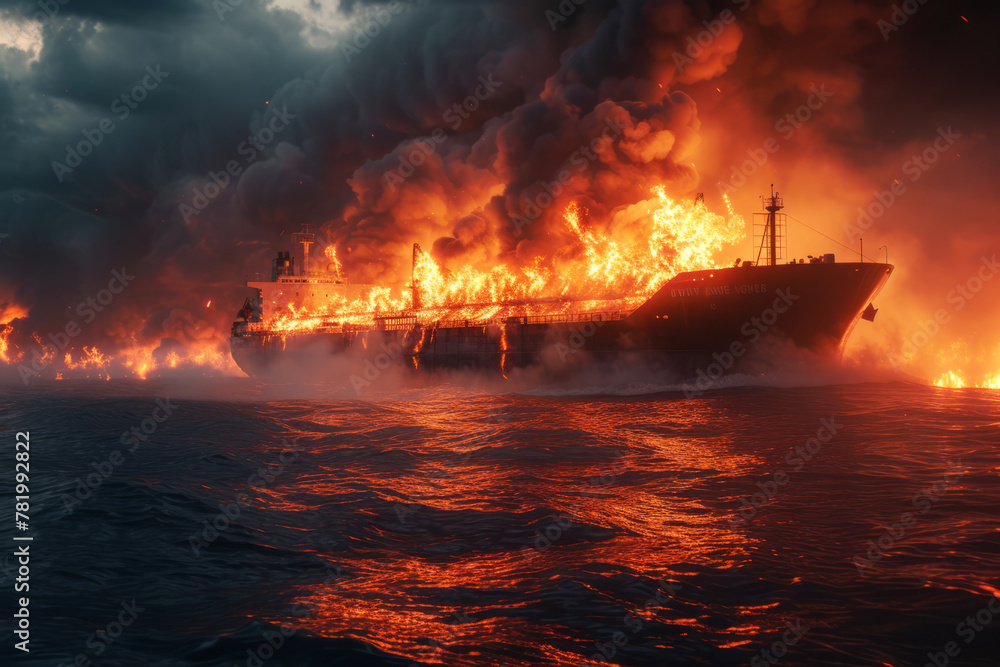 Ship on fire. A large general logistics ship burning in ocean or sea waters

