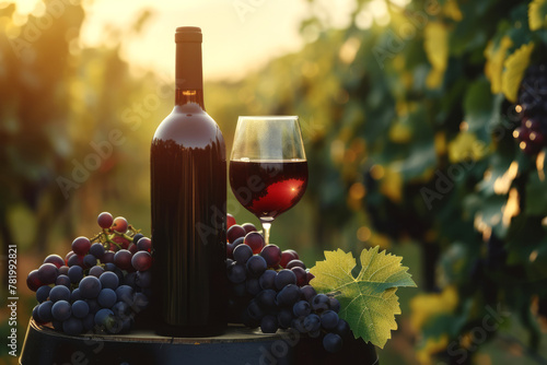 A glass of white wine with grapes and a bottle of an old wooden barrel on a background of vines with a sunset in the background with space for text or inscriptions 