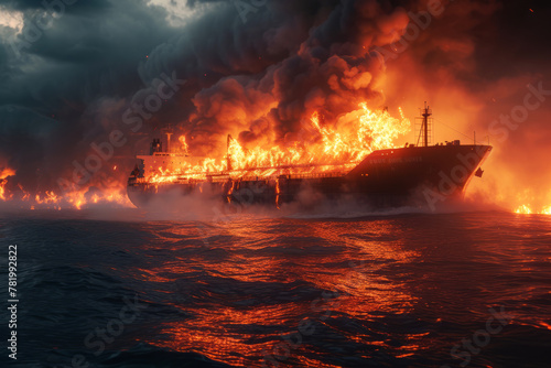 Ship on fire. A large general logistics ship burning in ocean or sea waters 