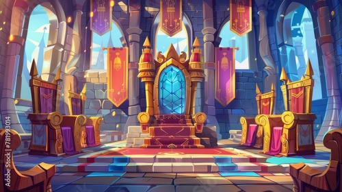 Castle hall with thrones for king and queen. Ballroom interior. Medieval palace for royal family with flags and guards with swords. Fantasy, fairy tale, video game illustration. photo