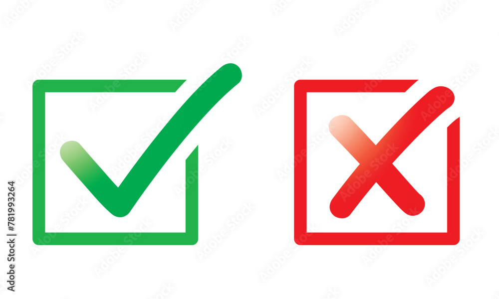 Symboles de questionnaire et de sondage : correct et incorrect, cochés validé et refusé, coche cases vrai et faux - VALIDE CARRE DYNAMIQUE V2 - Illustrations vectorielles