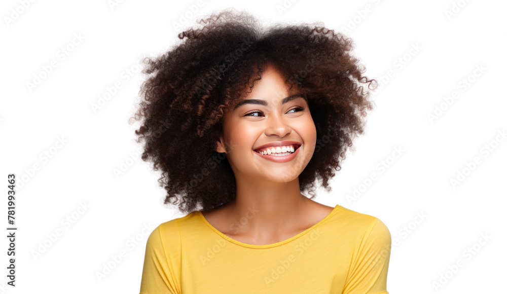 Beautiful african american girl with an afro hairstyle smiling isolated on transparent and white background.PNG image. Beautiful african american girl with an afro hairstyle smiling isolated on transparent and white background.PNG image.