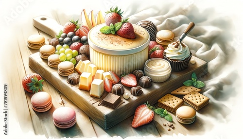 Watercolor Painting of a Dessert Charcuterie Board with Cheesecake Dip