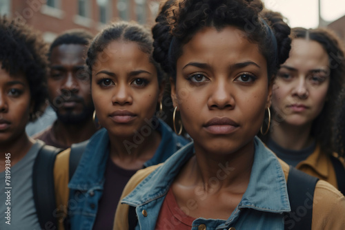 Entschlossene junge afroamerikanische Frau umgeben von Aktivisten im Kampf für eine gerechte Zukunft photo