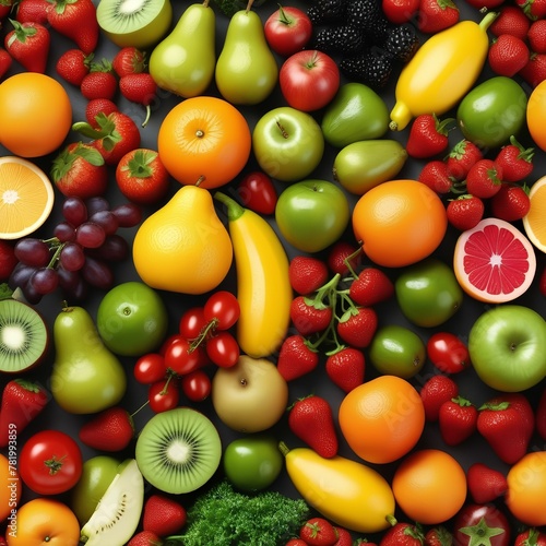 Assorted fresh ripe fruits and vegetables. Food concept background. Top view. Copy space