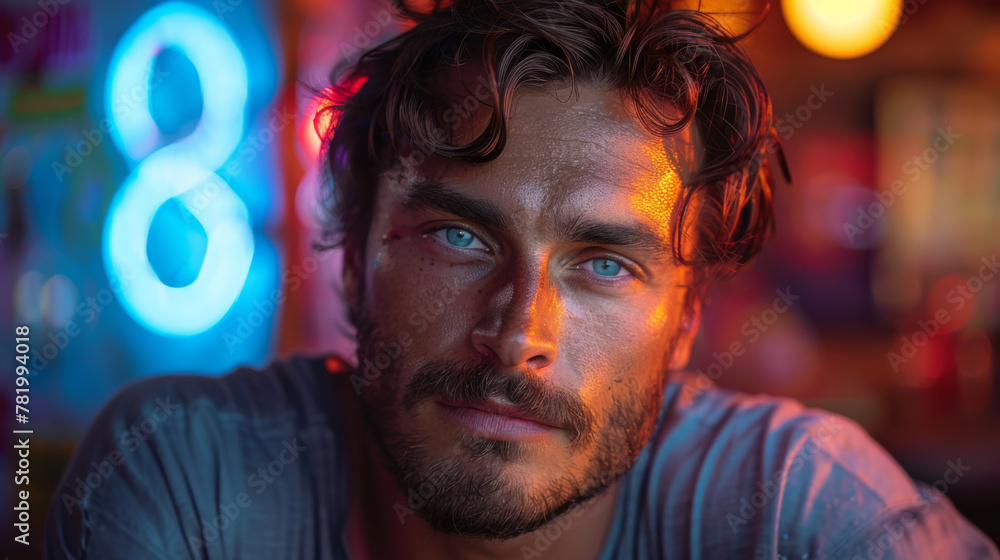Looking straight at the camera. Studio shot in dark studio with neon light. Portrait of serious man. Looking straight at the camera. Studio shot in dark studio with neon light. Portrait of serious man.
