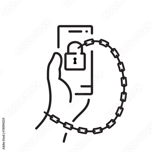 Internet addiction black line icon. Hand in handcuff with chain holds smartphone. Nomophobia concept. Digital dependence detox. Habit of using social networks and media. Vector flat design.