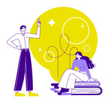 Cartoon drawing of a man standing next to a woman sitting on a pile of books