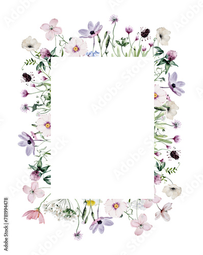 Watercolor Rectangular Shaped Frame with Wildflowers and Leaves