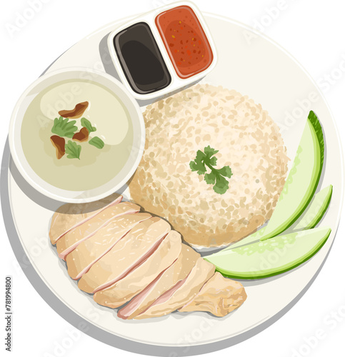 Vector Hand Drawn Illustration Chinese dish called Hainanese Chicken Rice
