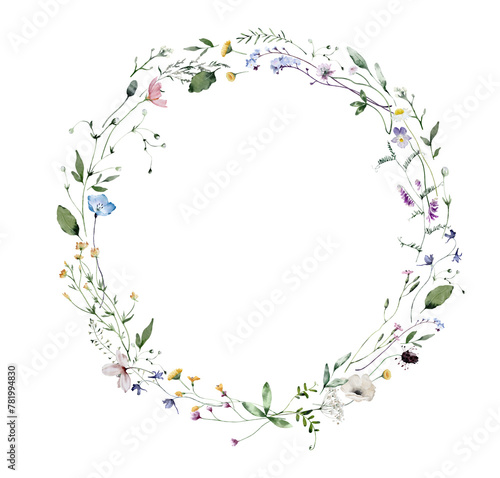 Watercolor Wreath with Wildflowers and Leaves