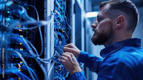 Technician installing network cables in a server rack using cable management arms. 