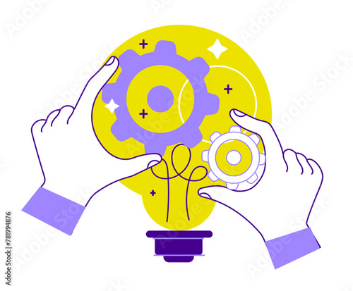 Hand lightbulb idea cogwheel. Implement business idea, development process, optimization