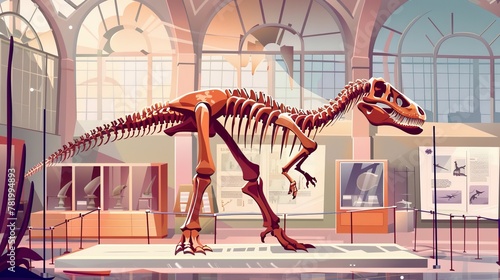 Brutus and pterodactyl fossils in paleontological exhibit. Paleontology archeology science Cartoon illustration. photo