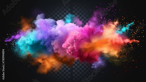 Stunning modern clouds of colorful powder  burst effect with copy space for text  isolated on transparent background. Color powder explosions with circle banners. Splashes of paint dust with