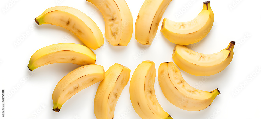 banana slices, cut in half and suspended on white background,  generative AI 