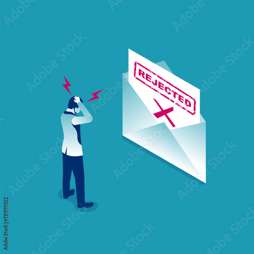 The businessman receives a refusal letter. Rejected concept. Paper document, resume with stamp refusal. Open an envelope with a message. Vector illustration isometric design.