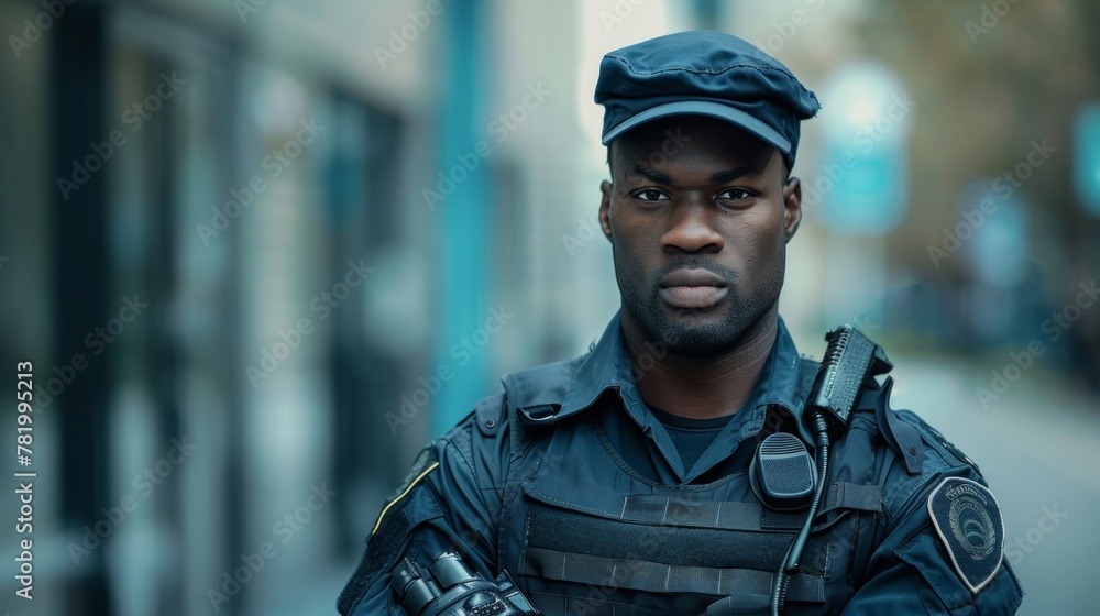 Portrait of the young African American good looking and cheerful policeman looking to the camera. Portrait of the young African American good looking and cheerful policeman looking to the camera.