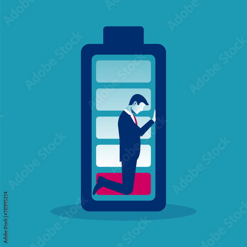 Tired businessman. Overworked human lies on a low battery. Vector illustration flat design. Isolated on background. Office work place. Fatigue from job.