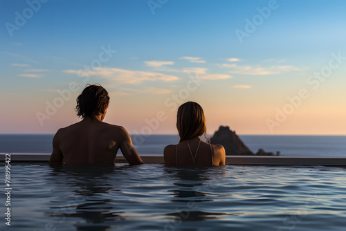 Couple bathing in an infinity pool with the sea in the background at sunset © jimenezar