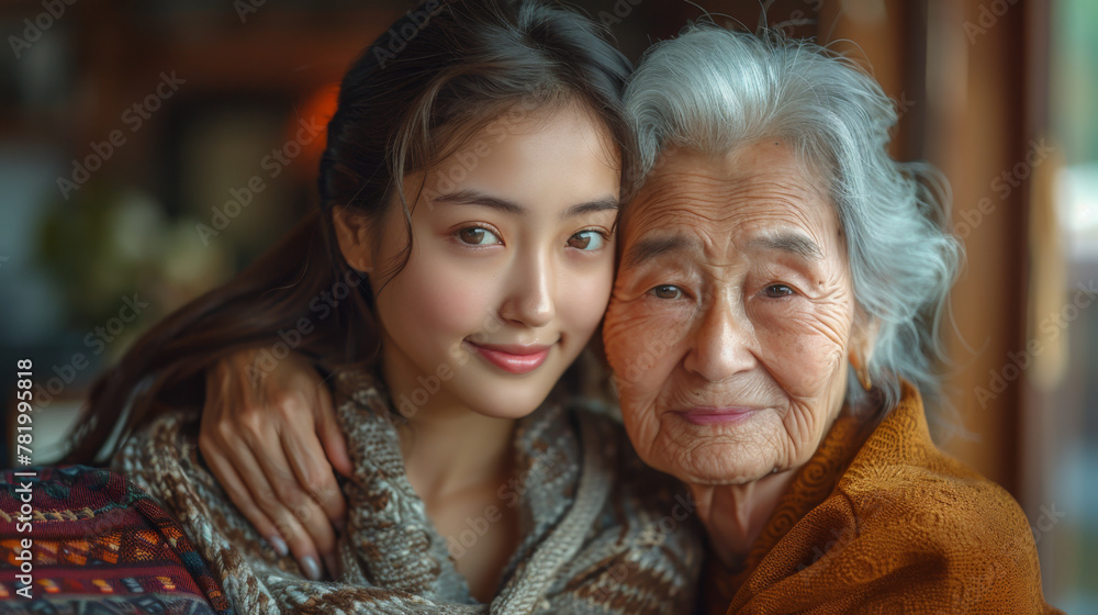 loving asian adult daughter sitting on couch at home hugging senior mother happy and smiling. loving asian adult daughter sitting on couch at home hugging senior mother happy and smiling.