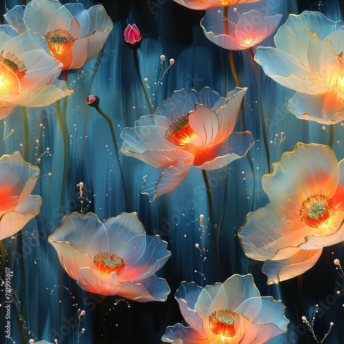 Seamless abstract neon magic flowers pattern background