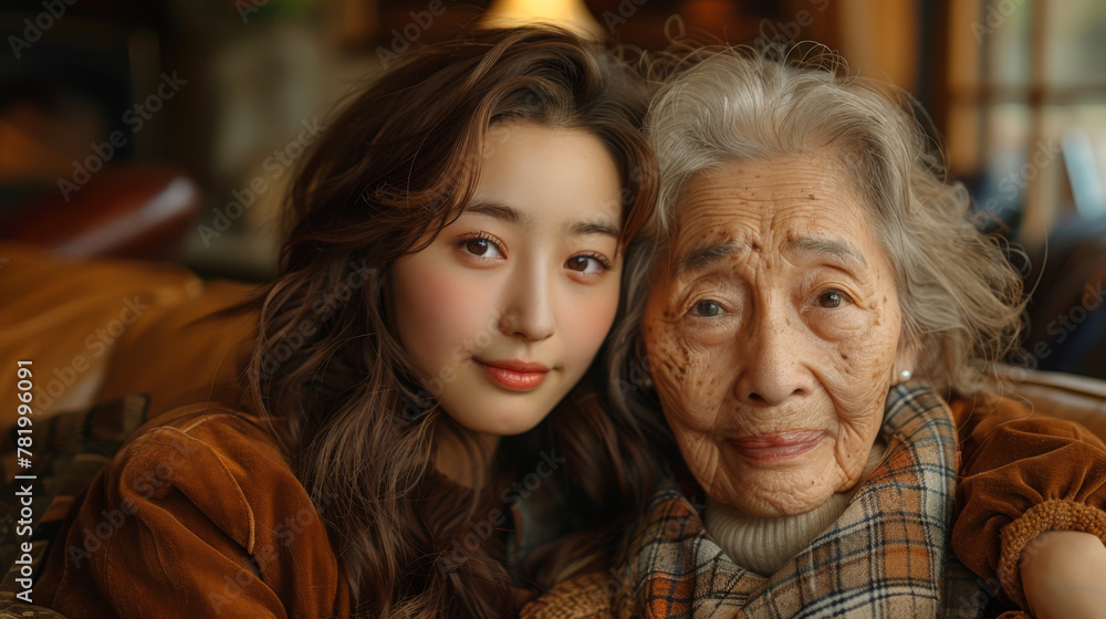 loving asian adult daughter sitting on couch at home hugging senior mother happy and smiling. loving asian adult daughter sitting on couch at home hugging senior mother happy and smiling.