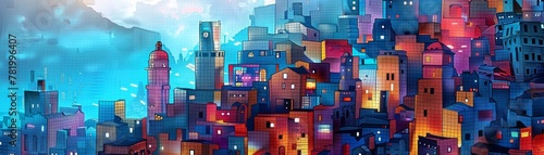 Mosaic Metropolis at Twilight background, A sprawling, futuristic cityscape comes alive with a kaleidoscope of colorful buildings. glowing windows, reminiscent of a vibrant mosaic under a twilight sky