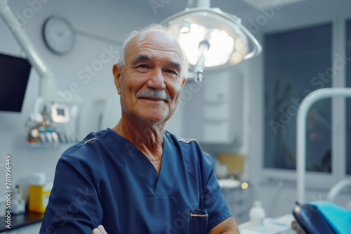 Senior male doctor or surgeon with mustache in operating room smiling at camera close up  health and medicine 