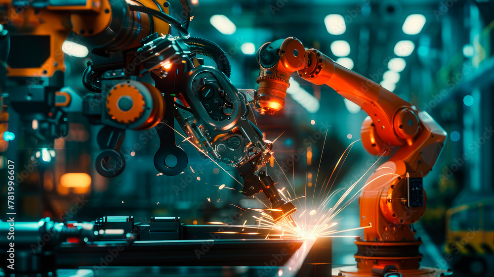 Industrial robots are welding automotive parts in modern factory. - obrazy, fototapety, plakaty 