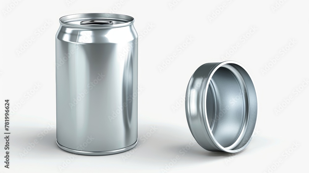 Mockup of realistic 3D modern mockup of tin can with open key in front and at an angle. Blank cylinder metal jar with pull ring on lid. Silver colored aluminum canister for cold drinks isolated on Mockup of realistic 3D modern mockup of tin can with open key in front and at an angle. Blank cylinder metal jar with pull ring on lid. Silver colored aluminum canister for cold drinks isolated on