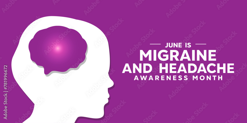 June is Migraine And Headache Awareness Month. Men and brain. Great for cards, banners, posters, social media and more. Purple background.