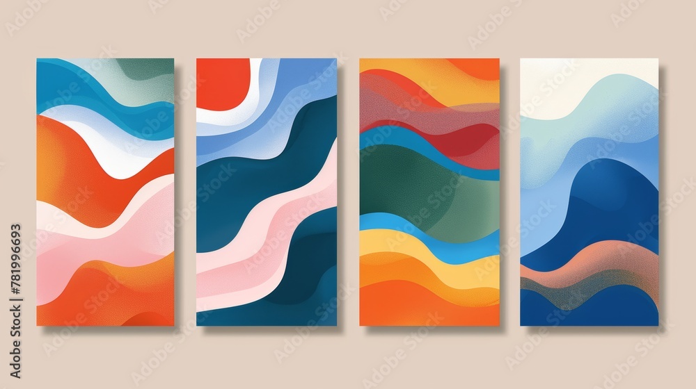 Four posters with abstract designs in blue, red, orange, and green convey concepts of community, creativity, and inspiration.