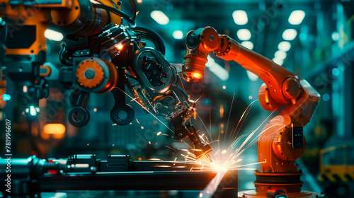 Industrial robots are welding automotive parts in modern factory.