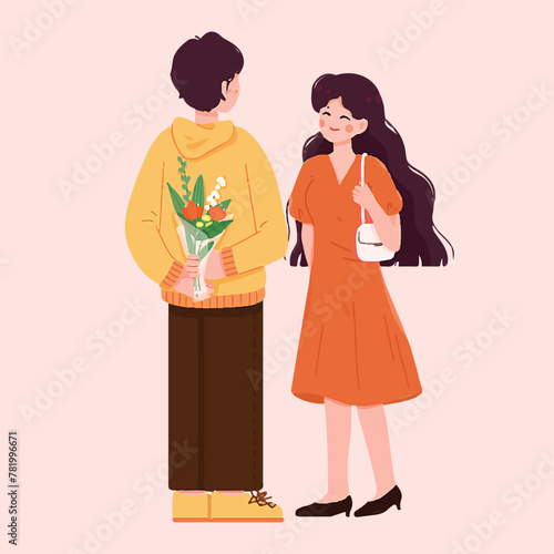 The boy prepares a bouquet of flowers for the girl