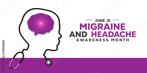 June is Migraine And Headache Awareness Month. Brain and human shaped stethoscope. Great for cards, banners, posters, social media and more. Purple background.