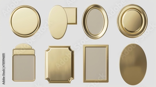 This mockup shows a gold or brass plate, a gold name plaque, a metal badge or identification tag, and a round, oval, or rectangular frame for the nameplate. The mockup is isolated on transparent